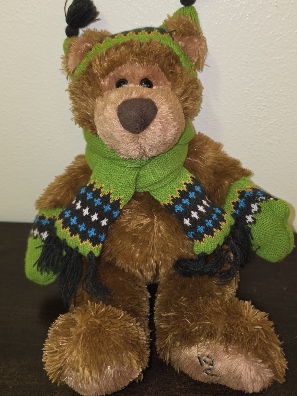 Vintage Mary Meyer Plush Bear with Green Knit Hat, Scarf & Mittens